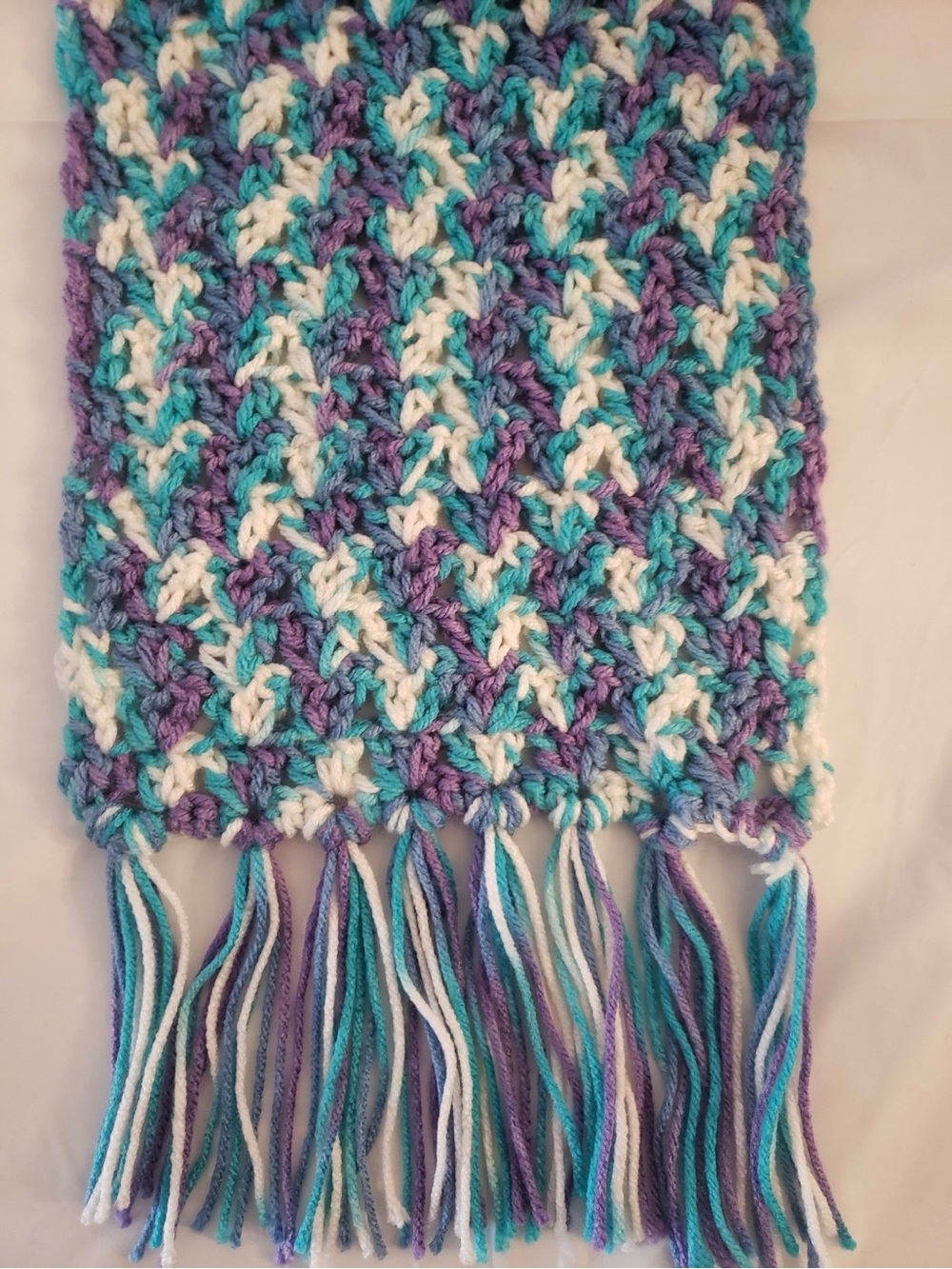 Handmade Crochet Scarf in Teal, Purple & White - Cozy Women's Wrap 68”x8” - Picture 3 of 4